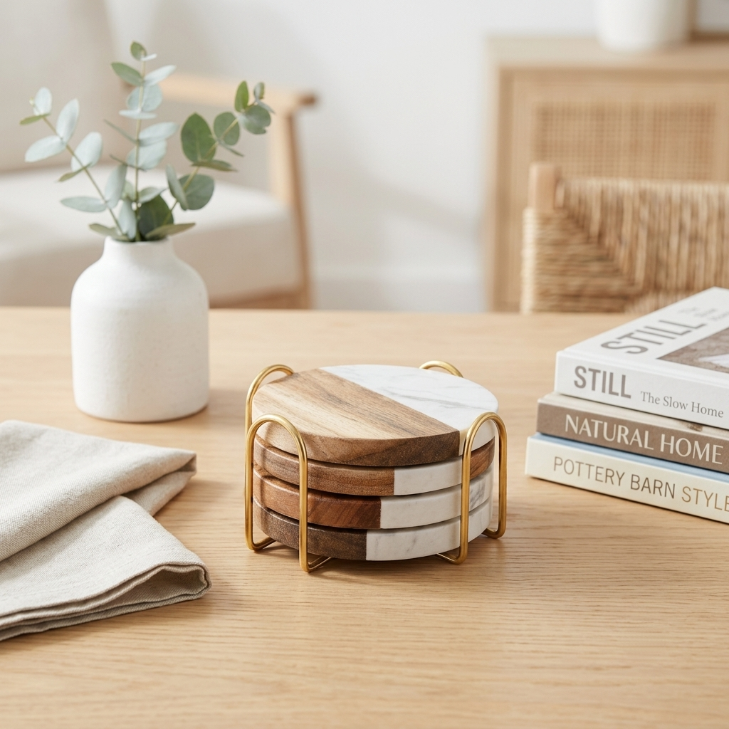 [MWC-COASTER-SET] Marble & Wood Coasters with Holder — Set of 4 (Plain)