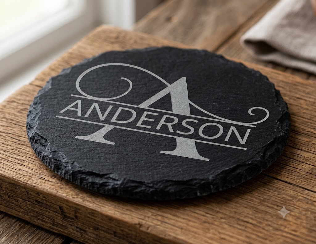 [fc-op-sq-a] Custom Family Name Slate Coasters – Set of 4 (Square, A)