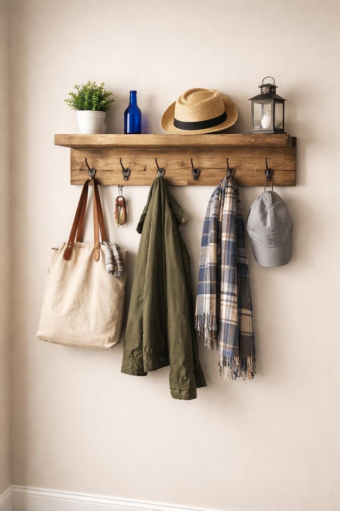 [CR-XX-2H-KO-STD] Rustic Coat Rack with Shelf (10" (2 hooks), Kona, No)
