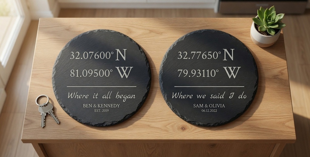 Coordinates slate coasters engraved for a client's new home